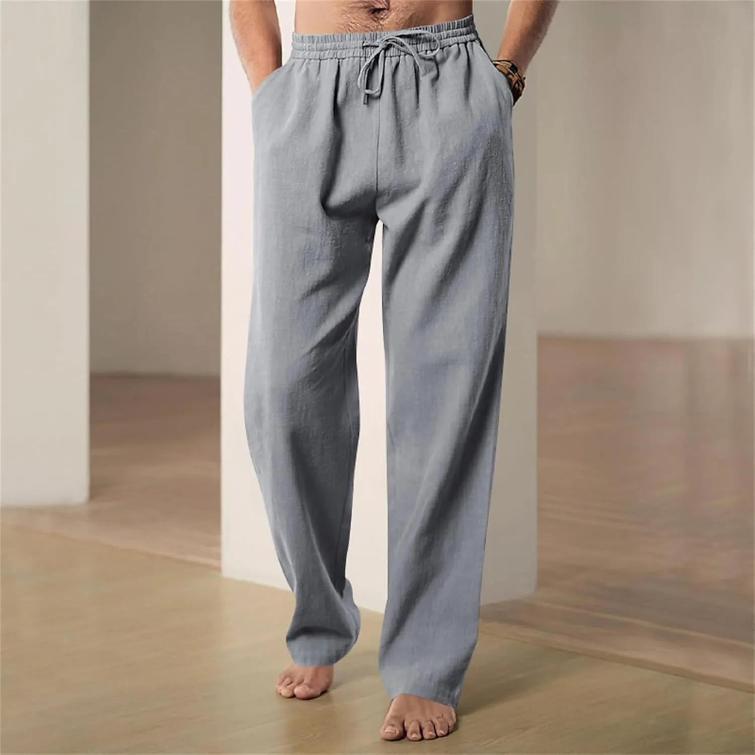 Men's Linen Pants Drawstring Elastic Waist for Yoga Beach Casual Wear Lightweight Loose Fit for Warm Weather