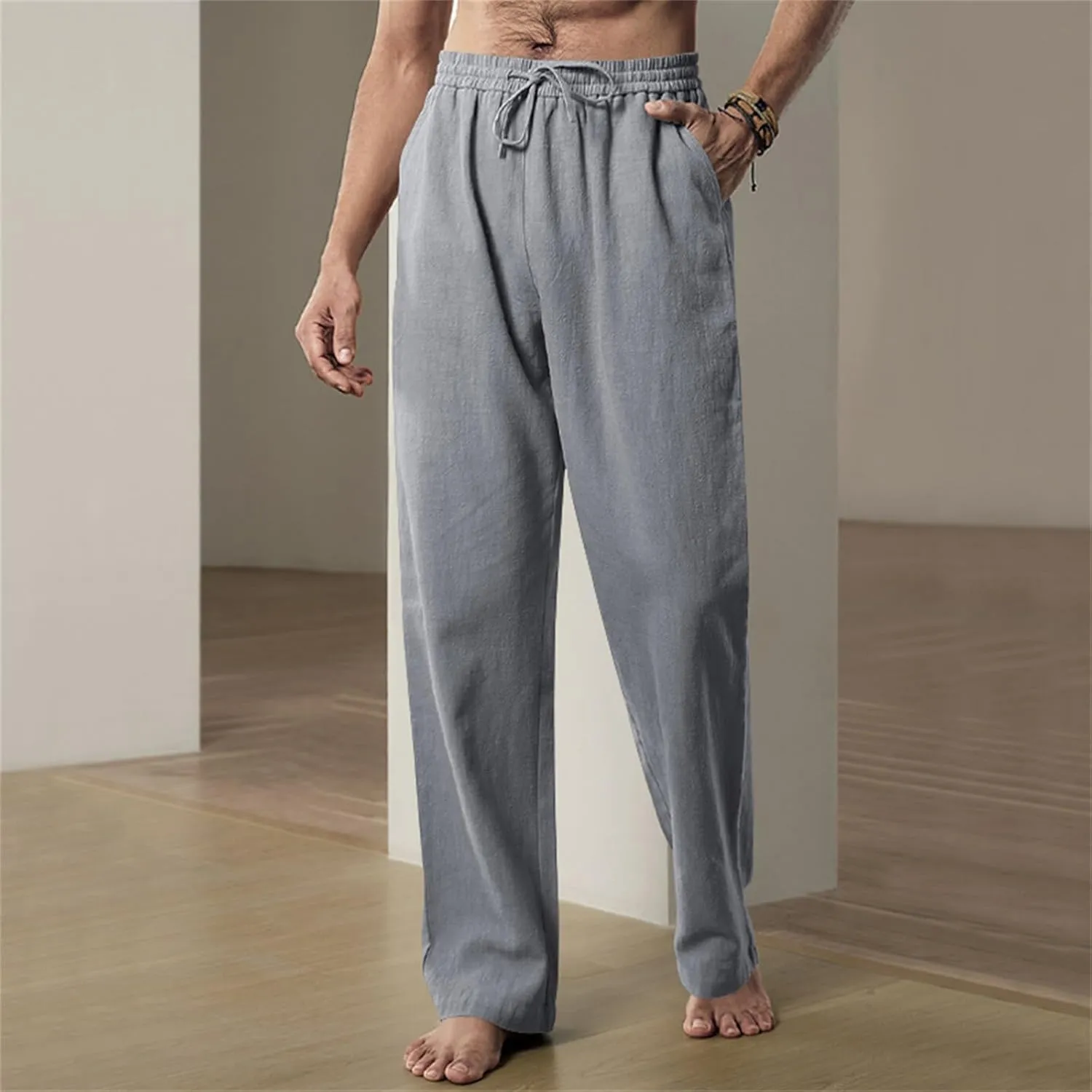 Men's Linen Pants Drawstring Elastic Waist for Yoga Beach Casual Wear Lightweight Loose Fit for Warm Weather