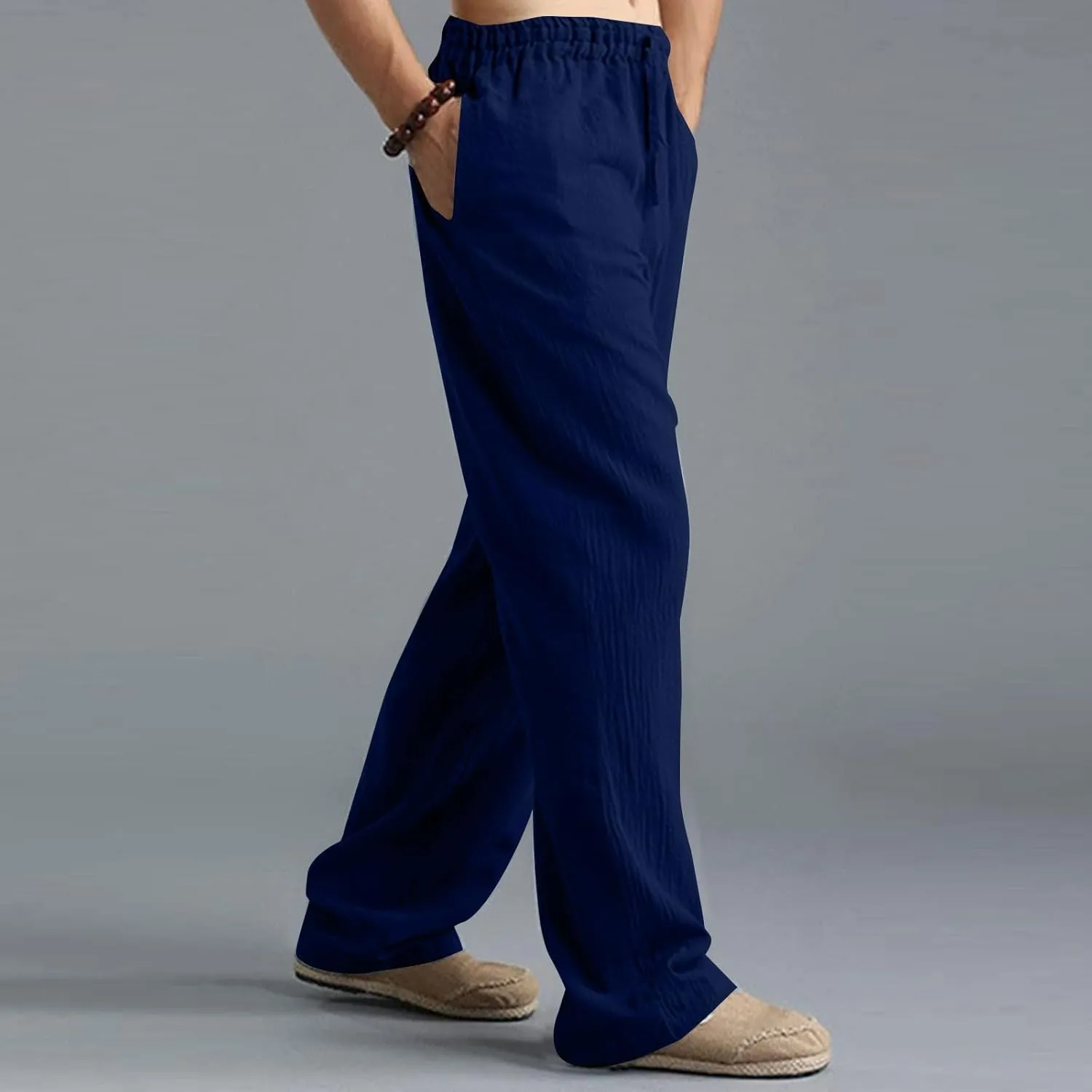 Men's Linen Pants Elastic Waistband Lightweight Straight Leg Beach Trousers Summer Loose Fit Breathable Comfort Pant