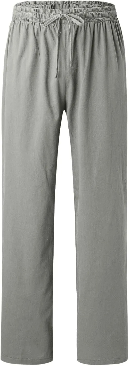Men's Linen Pants Elastic Waistband Lightweight Straight Leg Beach Trousers Summer Loose Fit Breathable Comfort Pant