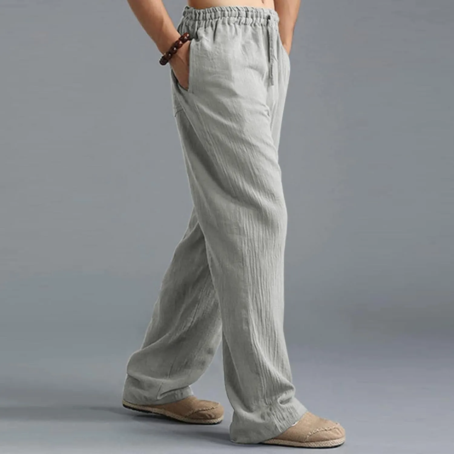 Men's Linen Pants Elastic Waistband Lightweight Straight Leg Beach Trousers Summer Loose Fit Breathable Comfort Pant
