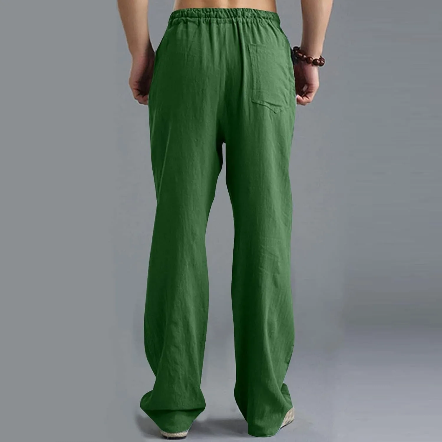 Men's Linen Pants Elastic Waistband Lightweight Straight Leg Beach Trousers Summer Loose Fit Breathable Comfort Pant