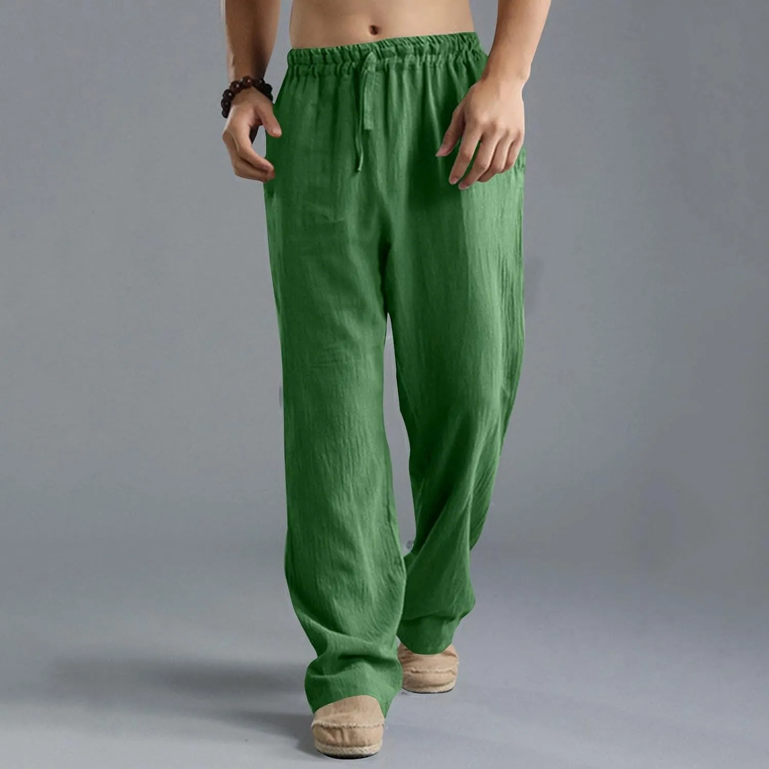 Men's Linen Pants Elastic Waistband Lightweight Straight Leg Beach Trousers Summer Loose Fit Breathable Comfort Pant