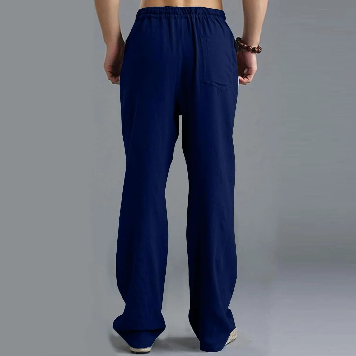 Men's Linen Pants Elastic Waistband Lightweight Straight Leg Beach Trousers Summer Loose Fit Breathable Comfort Pant