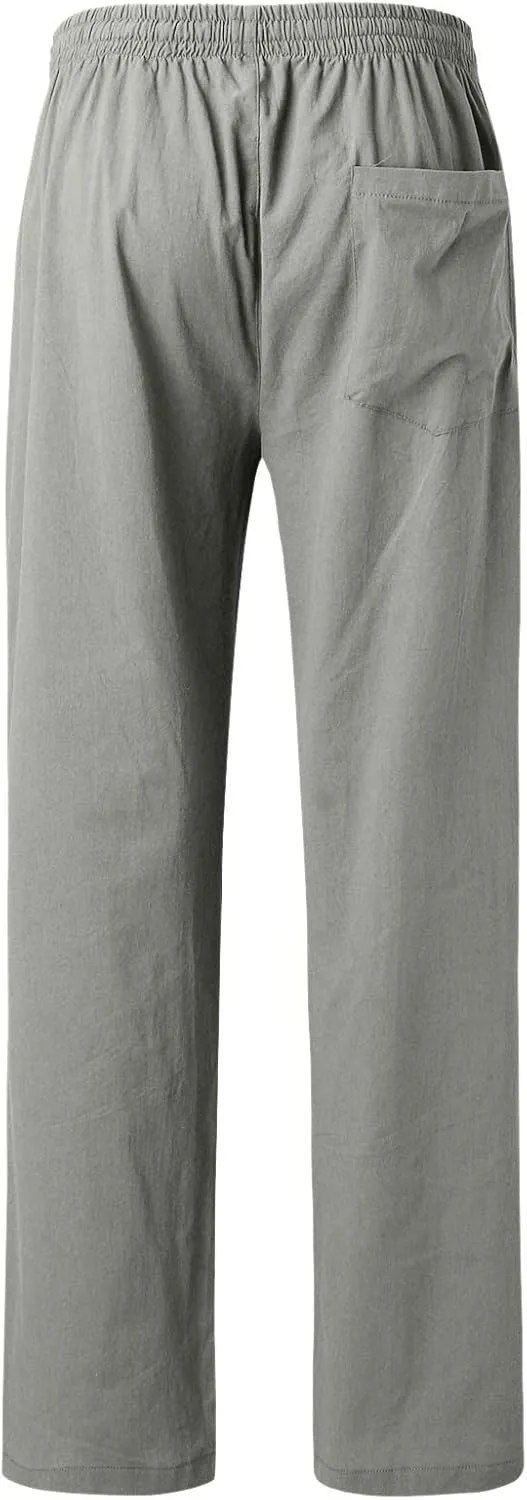 Men's Linen Pants Elastic Waistband Lightweight Straight Leg Beach Trousers Summer Loose Fit Breathable Comfort Pant