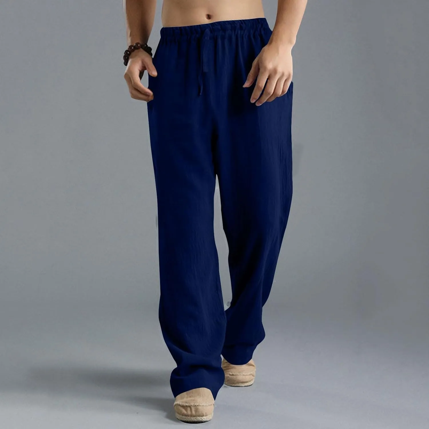 Men's Linen Pants Elastic Waistband Lightweight Straight Leg Beach Trousers Summer Loose Fit Breathable Comfort Pant