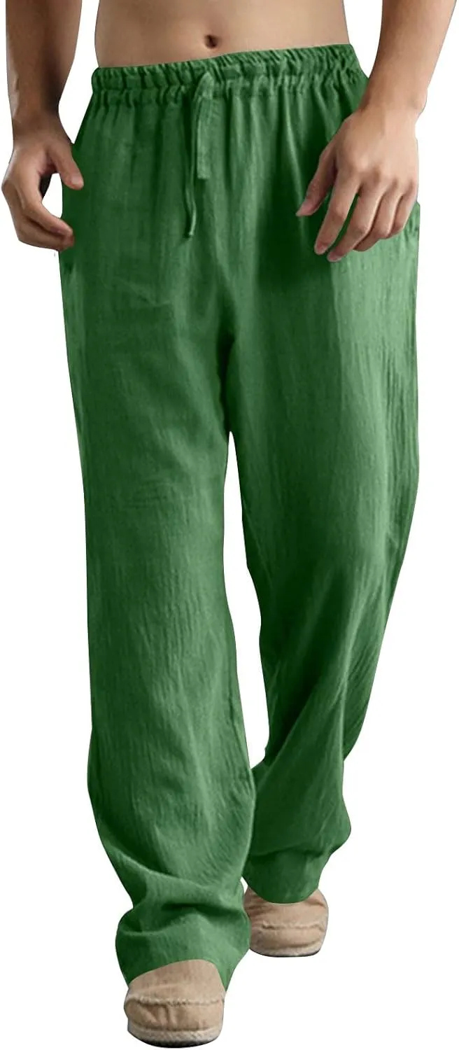Men's Linen Pants Elastic Waistband Lightweight Straight Leg Beach Trousers Summer Loose Fit Breathable Comfort Pant