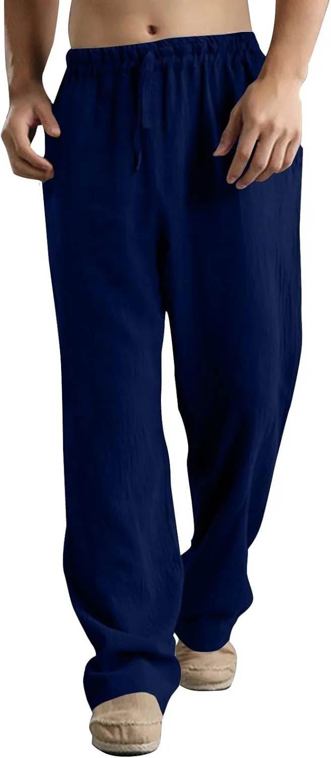 Men's Linen Pants Elastic Waistband Lightweight Straight Leg Beach Trousers Summer Loose Fit Breathable Comfort Pant