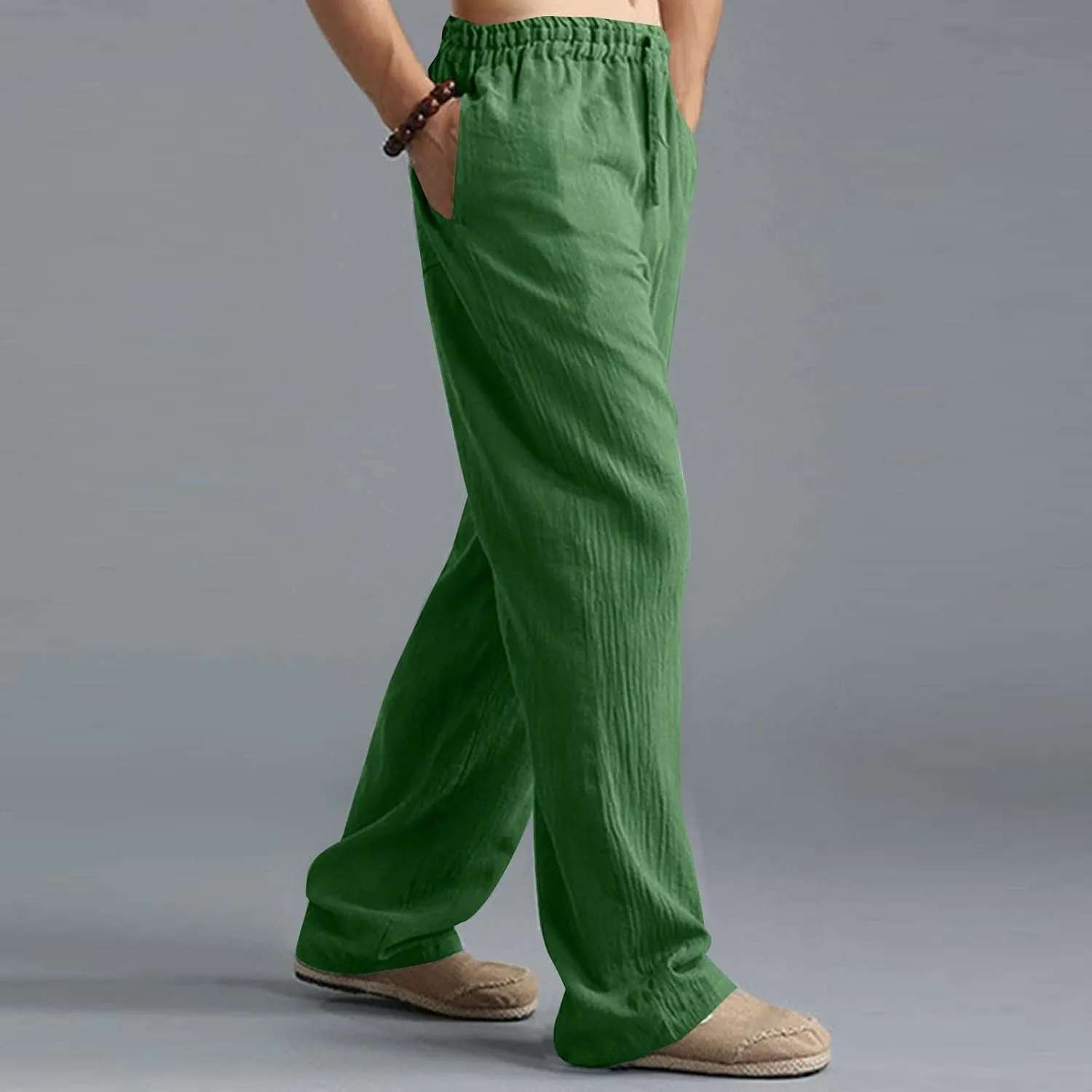 Men's Linen Pants Elastic Waistband Lightweight Straight Leg Beach Trousers Summer Loose Fit Breathable Comfort Pant