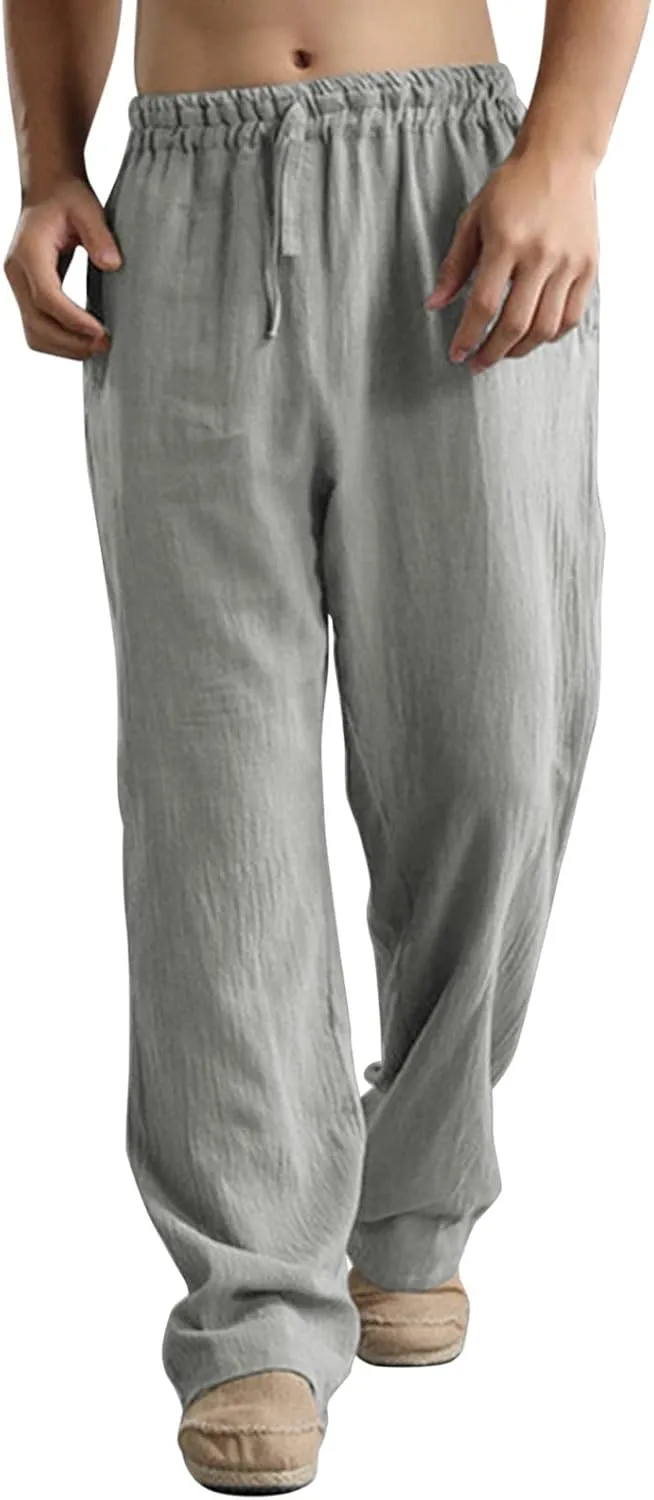 Men's Linen Pants Elastic Waistband Lightweight Straight Leg Beach Trousers Summer Loose Fit Breathable Comfort Pant