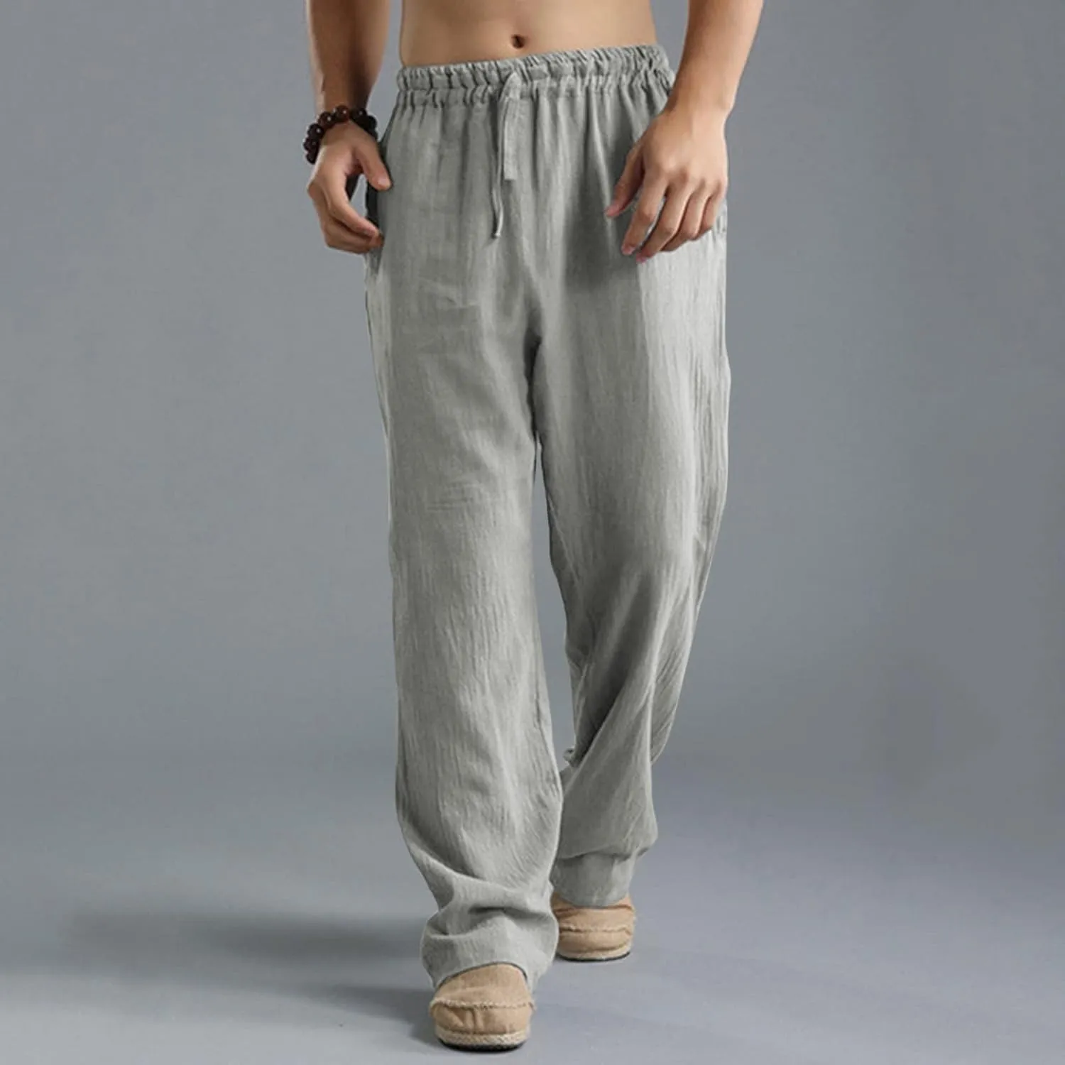 Men's Linen Pants Elastic Waistband Lightweight Straight Leg Beach Trousers Summer Loose Fit Breathable Comfort Pant