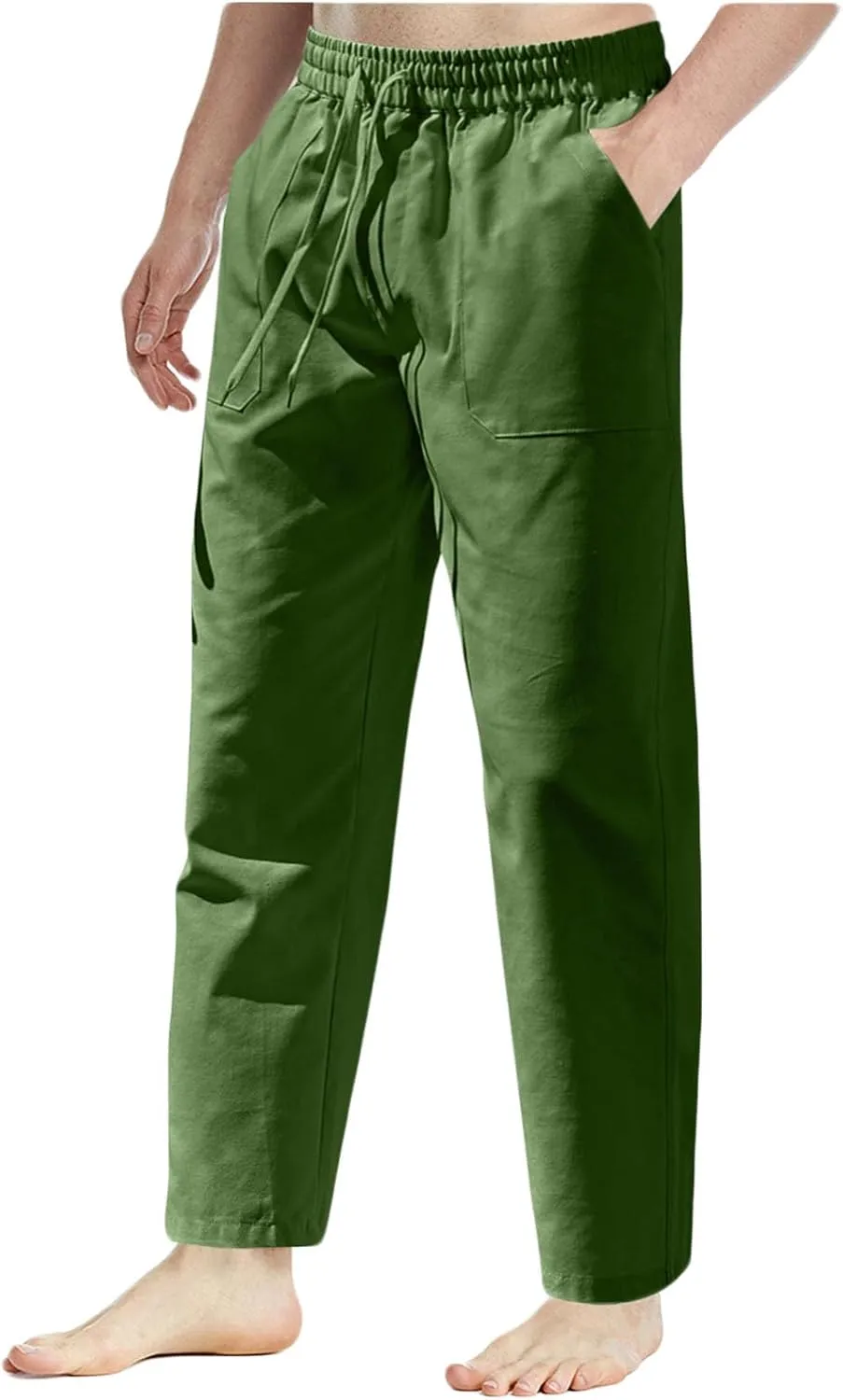 Mens Linen Pants Lightweight Casual Summer Beach Pants Elastic Waist Drawstring Straight Leg Regular Fit Yoga Trouser