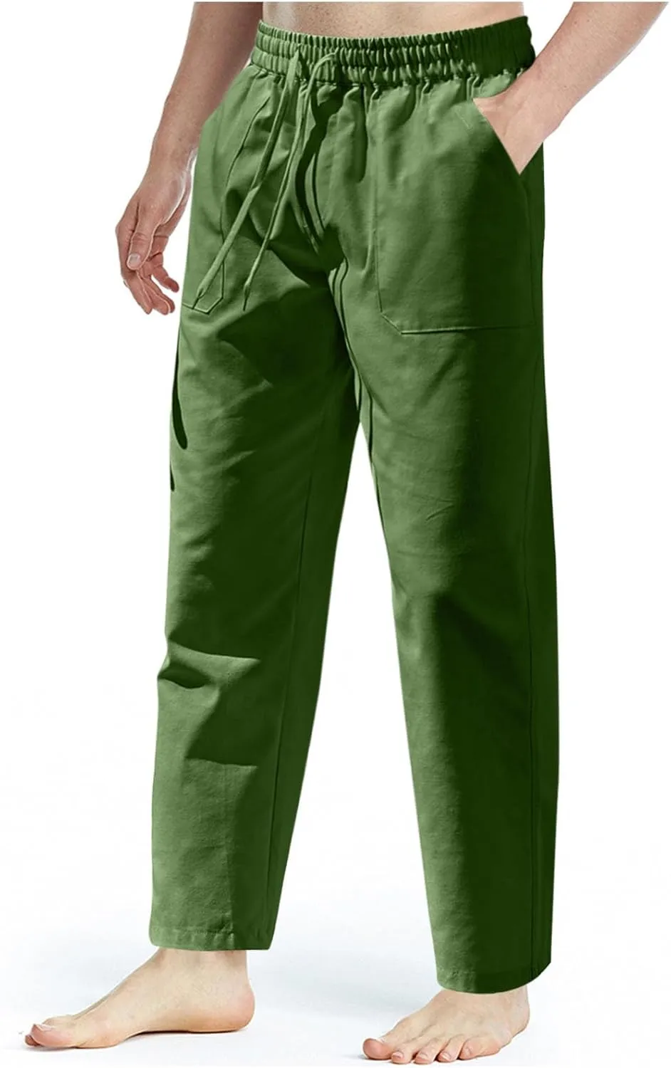 Mens Linen Pants Lightweight Casual Summer Beach Pants Elastic Waist Drawstring Straight Leg Regular Fit Yoga Trouser