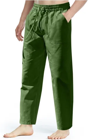 Mens Linen Pants Lightweight Casual Summer Beach Pants Elastic Waist Drawstring Straight Leg Regular Fit Yoga Trouser