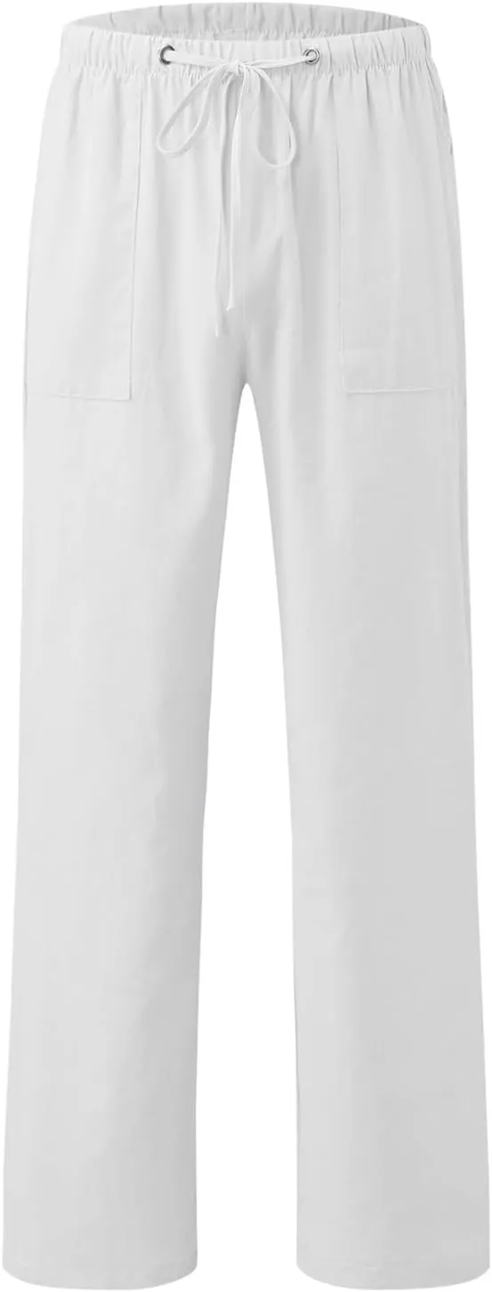 Men's Linen Pants Loose fit Elastic Waist Lightweight Cotton Pants Summer Vacation Beach with Pocket Casual Trousers