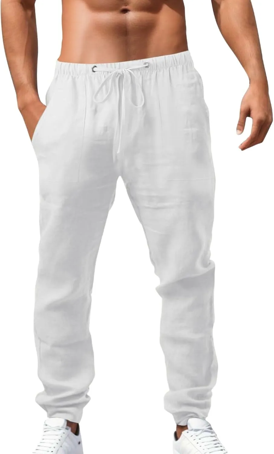 Men's Linen Pants Loose fit Elastic Waist Lightweight Cotton Pants Summer Vacation Beach with Pocket Casual Trousers