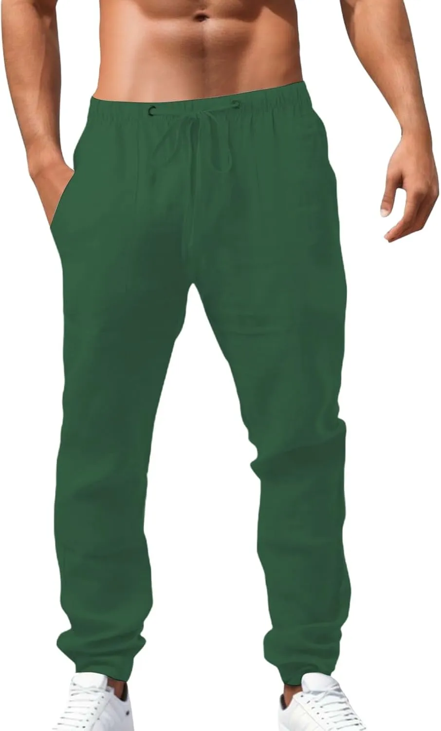 Men's Linen Pants Loose fit Elastic Waist Lightweight Cotton Pants Summer Vacation Beach with Pocket Casual Trousers