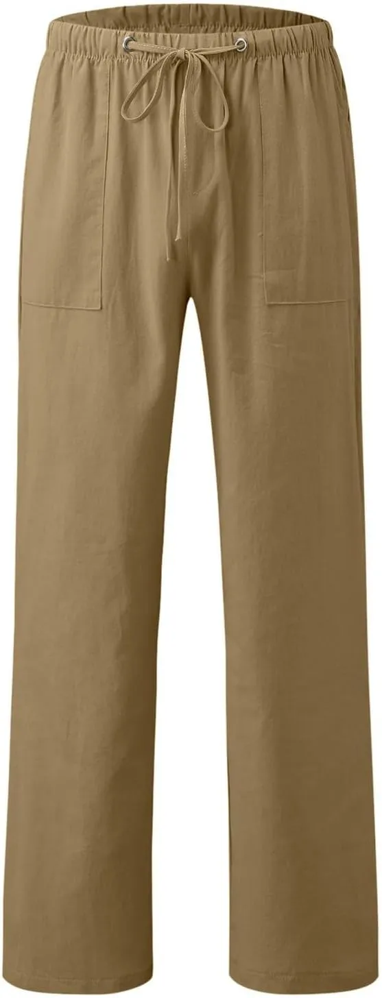 Men's Linen Pants Loose fit Elastic Waist Lightweight Cotton Pants Summer Vacation Beach with Pocket Casual Trousers