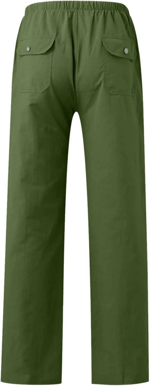 Mens Linen Pants, Mens Linen Pants Yoga Beach Loose Fit Casual Summer Elastic Waist Drawstring Trousers with Pockets