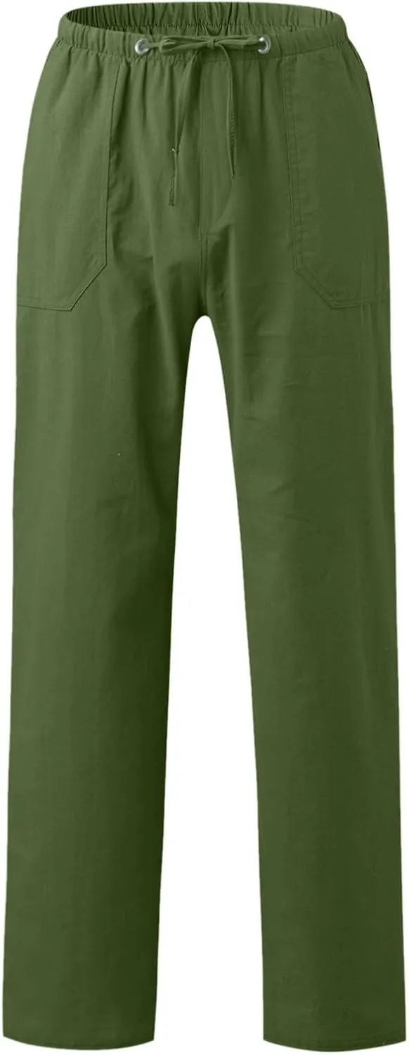 Mens Linen Pants, Mens Linen Pants Yoga Beach Loose Fit Casual Summer Elastic Waist Drawstring Trousers with Pockets