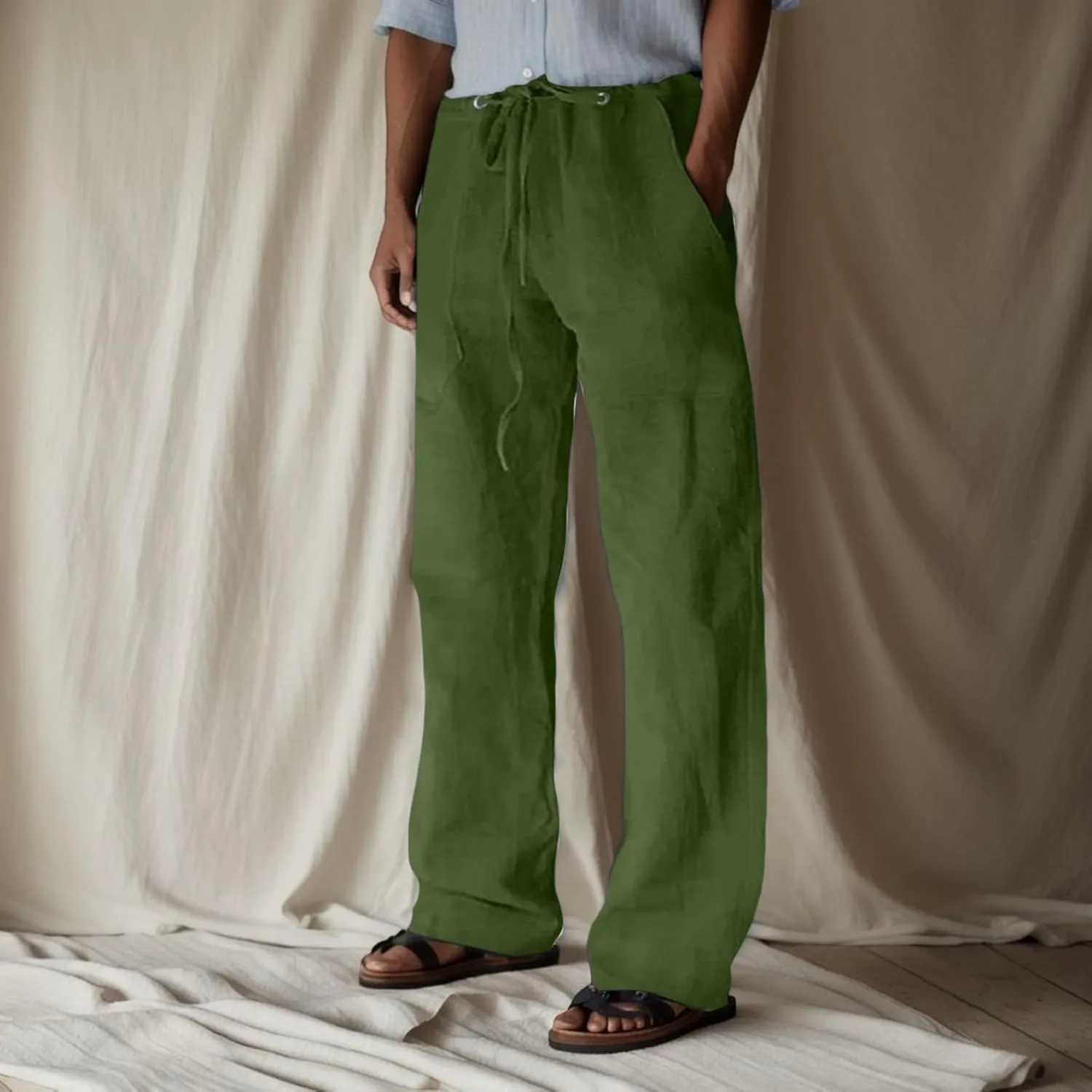 Mens Linen Pants, Mens Linen Pants Yoga Beach Loose Fit Casual Summer Elastic Waist Drawstring Trousers with Pockets