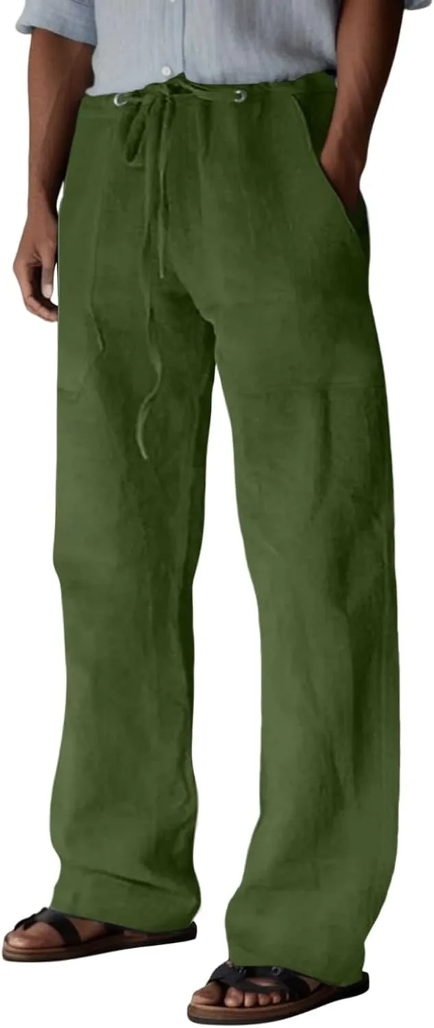 Mens Linen Pants, Mens Linen Pants Yoga Beach Loose Fit Casual Summer Elastic Waist Drawstring Trousers with Pockets