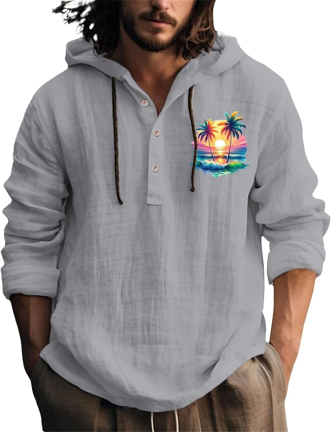 Men's Linen Shirts Retro Long Sleeve Guayabera Shirt with Hood Lightweight Loose Hipster Hawaiian Beach Aloha Blouse