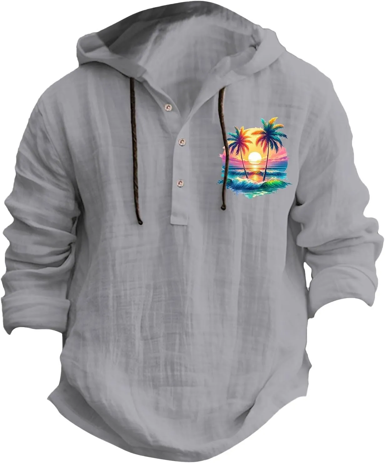 Men's Linen Shirts Retro Long Sleeve Guayabera Shirt with Hood Lightweight Loose Hipster Hawaiian Beach Aloha Blouse