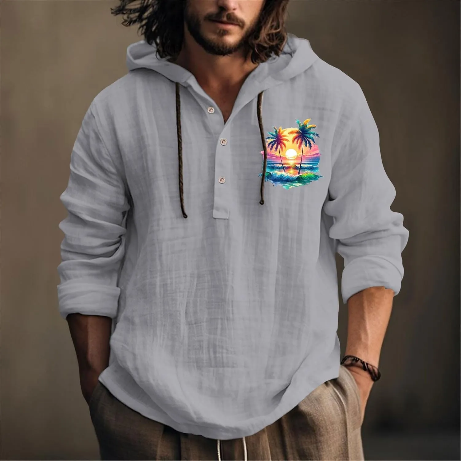 Men's Linen Shirts Retro Long Sleeve Guayabera Shirt with Hood Lightweight Loose Hipster Hawaiian Beach Aloha Blouse