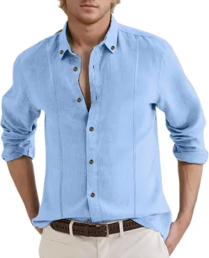 Men's Linen Shirts Short Sleeve Lapel V Neck Button Down Plus Size Tops Casual Vacation Beach Summer Hawallan Blouses