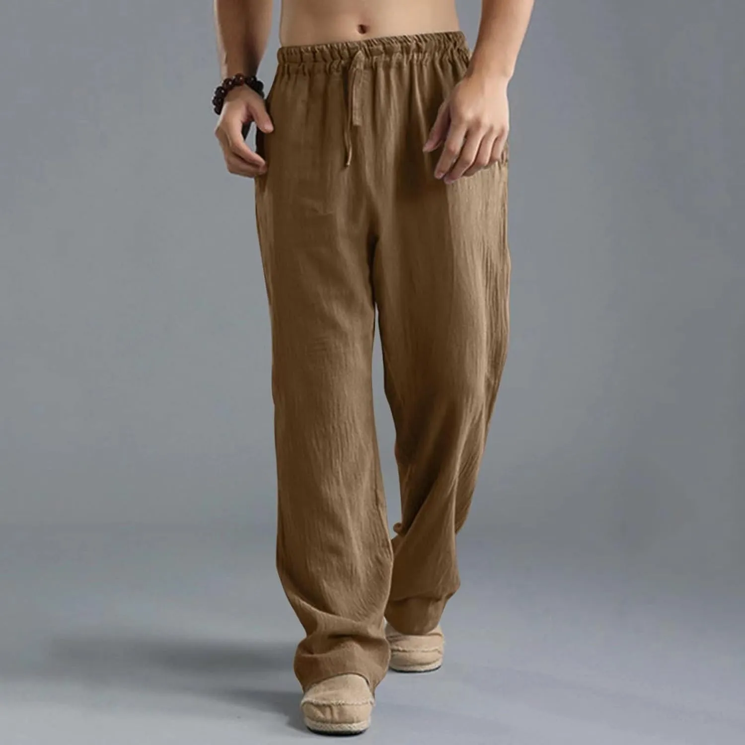 Mens Linen Sweatpants Drawstring Elastic Waist Casual Trendy Lightweight Pants Athletic Joggers Trousers with Pockets
