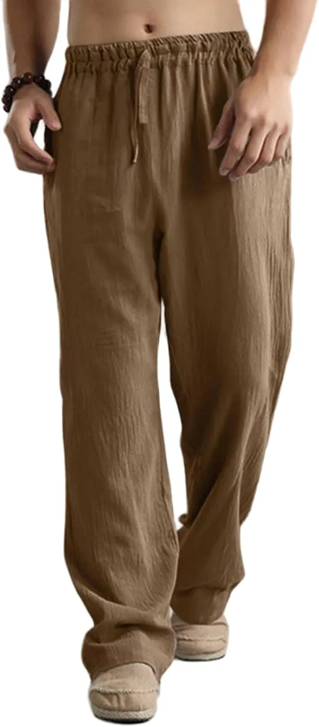 Mens Linen Sweatpants Drawstring Elastic Waist Casual Trendy Lightweight Pants Athletic Joggers Trousers with Pockets