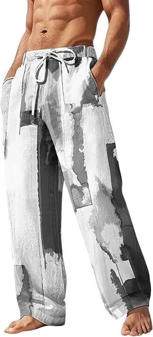 Men's Linen Trousers Summer Elastic High Waist Drawtring Pants Drawstring Lightweight Holiday Streetwears Summer Casual Pants