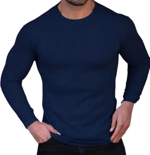 Men's Long Sleeve Shirts Ribbed Pullover Sweater Muscle T-Shirt Slim Fit Thermal Tops Crew Neck Stretchy Undershirts