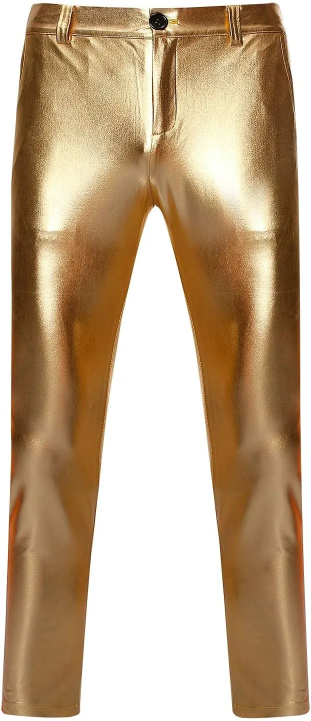 Mens Metallic Shiny Disco Pants Trendy Party Dance Pants Straight Leg Trousers 70s/80s Festival Rave PU Leather Pants