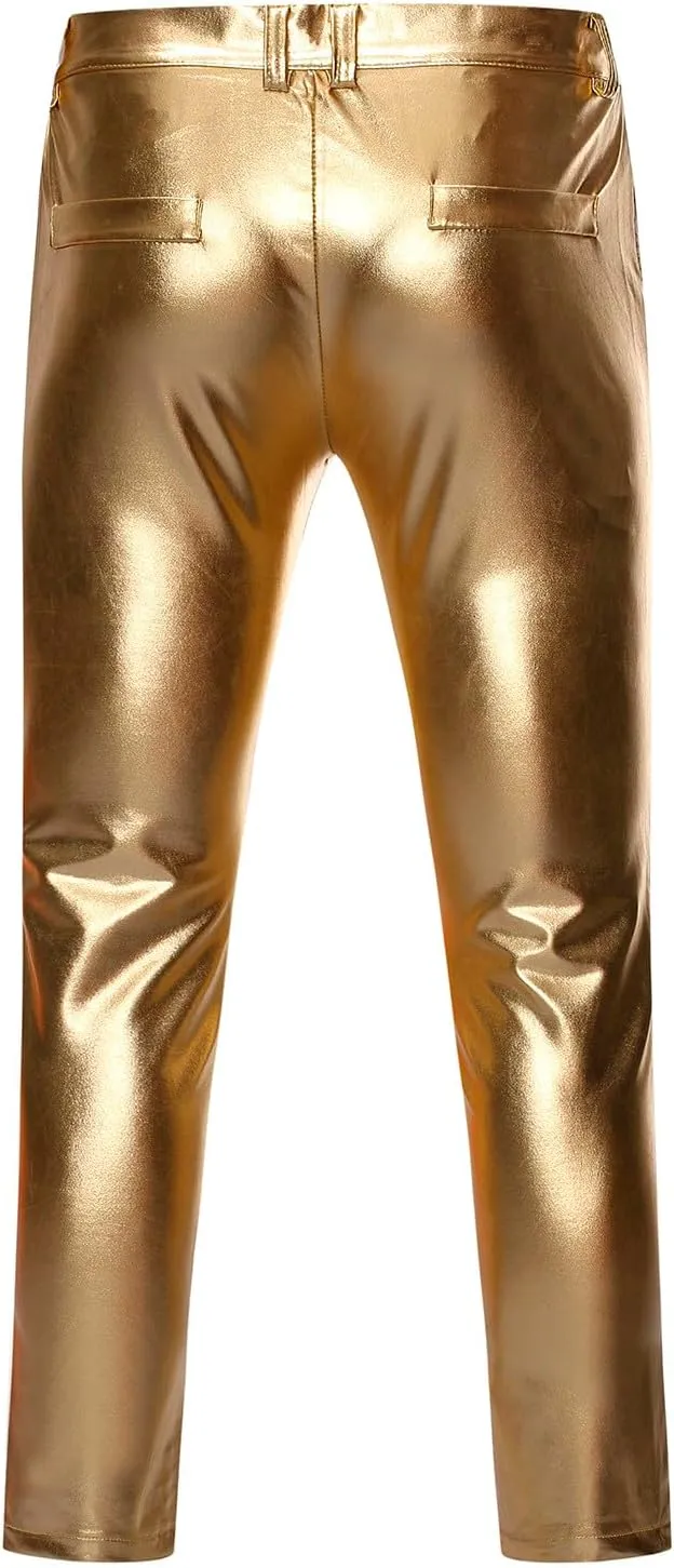 Mens Metallic Shiny Disco Pants Trendy Party Dance Pants Straight Leg Trousers 70s/80s Festival Rave PU Leather Pants