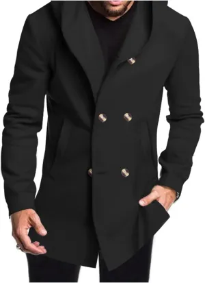 Mens Mid Long Hooded Coat Trench Coat Fleece Lining Wool Blend Cardigan Jacket Business Casual Fashion Overcoat