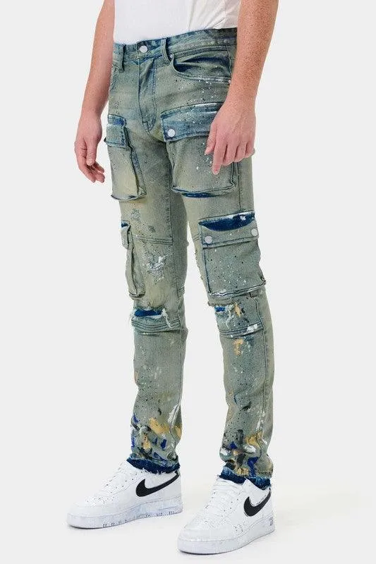 Mens Multi Cargo Slim Straight Denim Jeans