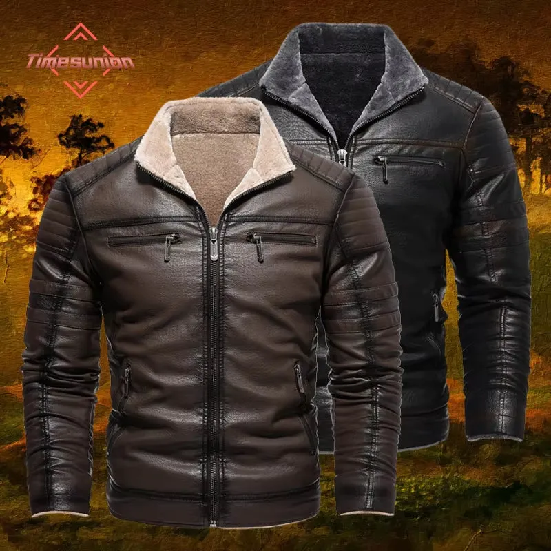 Men's New Premier Leather Jacket Winter Motorcycle Jackets Punk Style Streetwear Fur Lined Thick Warm Coats
