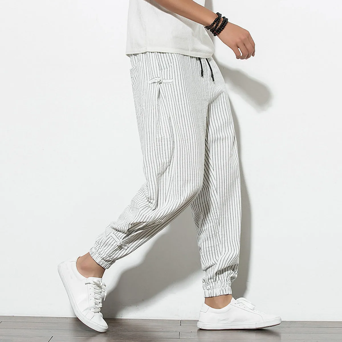 Men's Pants Loose Thin Black  & White Striped Jogger Breathable Casual Harem Combo (Pack of 2)