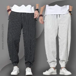 Men's Pants Loose Thin Black  & White Striped Jogger Breathable Casual Harem Combo (Pack of 2)