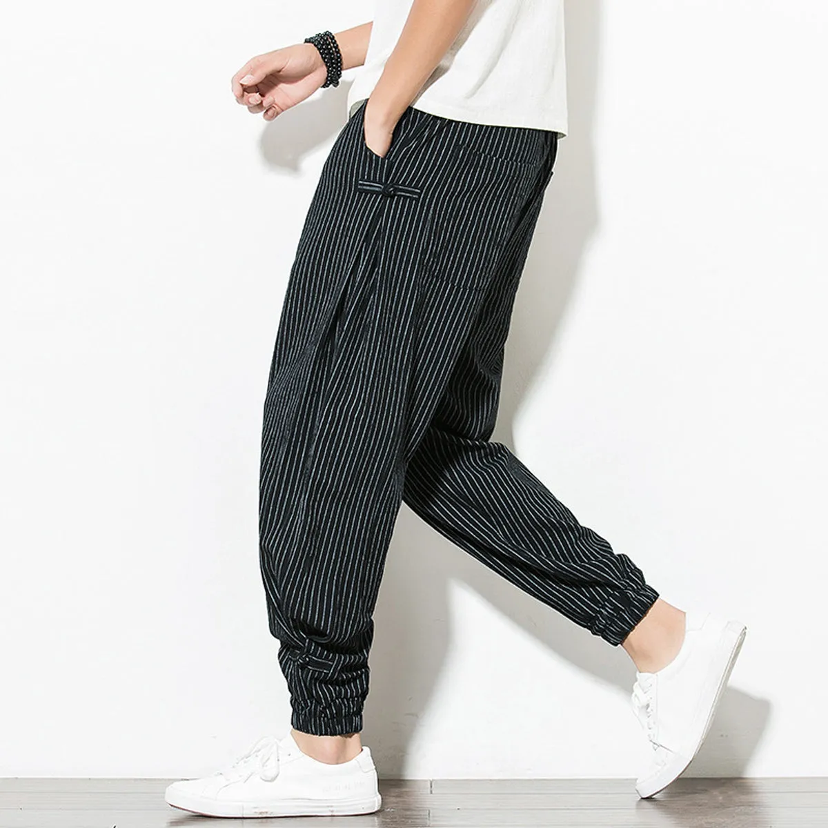 Men's Pants Loose Thin Black  & White Striped Jogger Breathable Casual Harem Combo (Pack of 2)