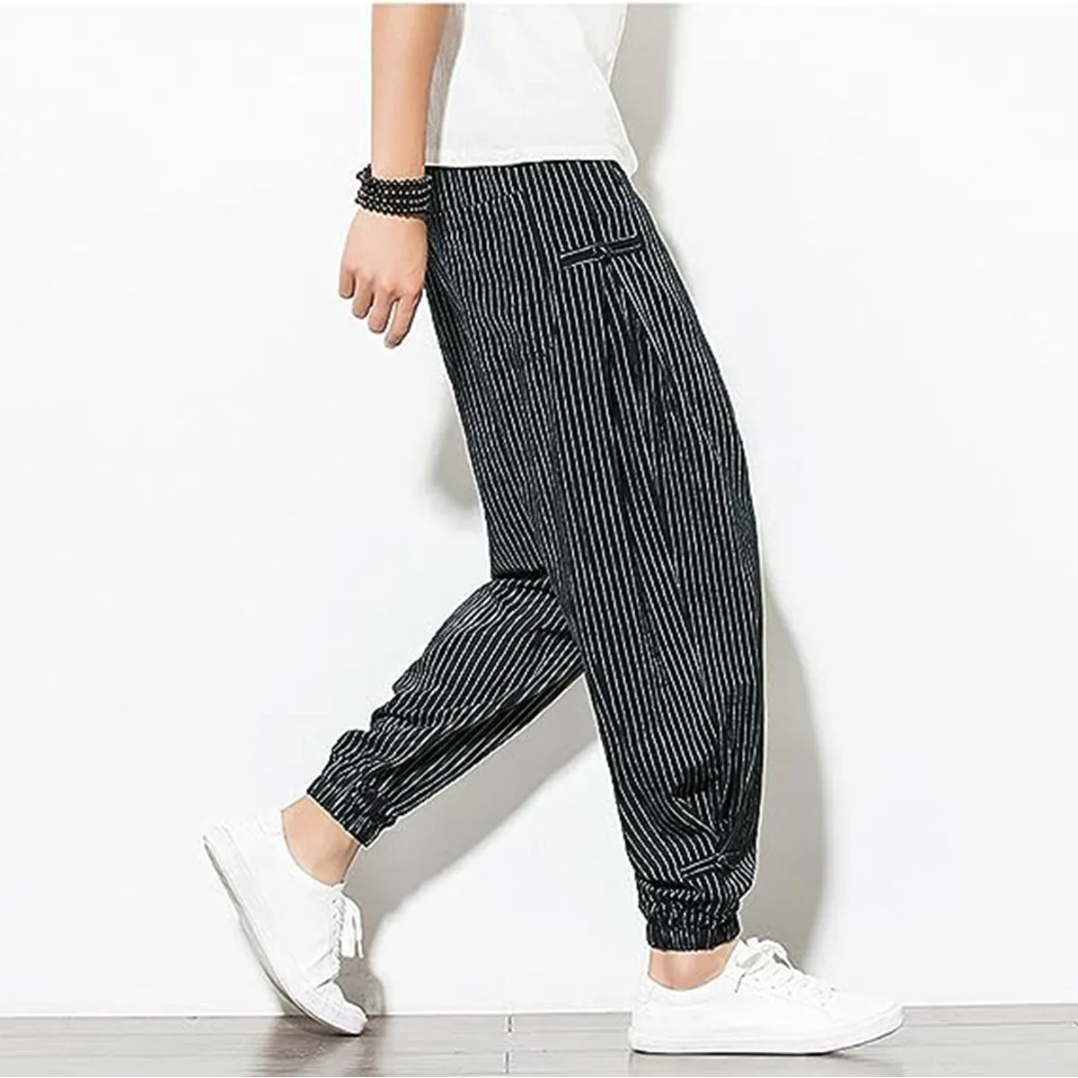 Men's Pants Loose Thin Black  & White Striped Jogger Breathable Casual Harem Combo (Pack of 2)