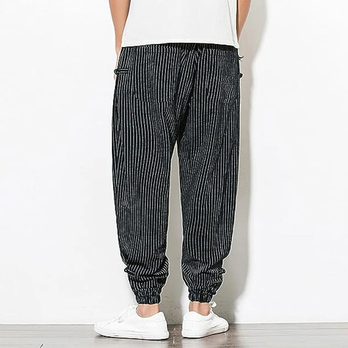 Men's Pants Loose Thin Black  & White Striped Jogger Breathable Casual Harem Combo (Pack of 2)