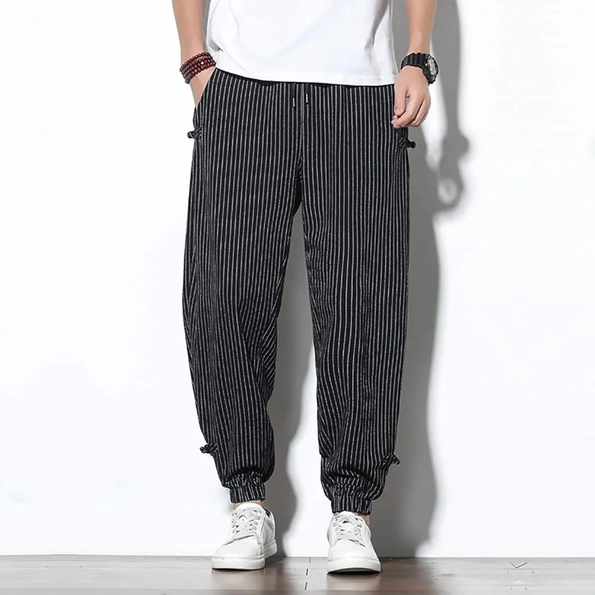 Men's Pants Loose Thin Black  & White Striped Jogger Breathable Casual Harem Combo (Pack of 2)