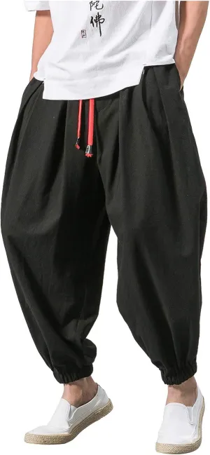 Mens Plus Size Casual Harem Pants Summer Linen Yoga Jogger Pants Elastic Waist Vintage Hippie Drop Crotch Trousers