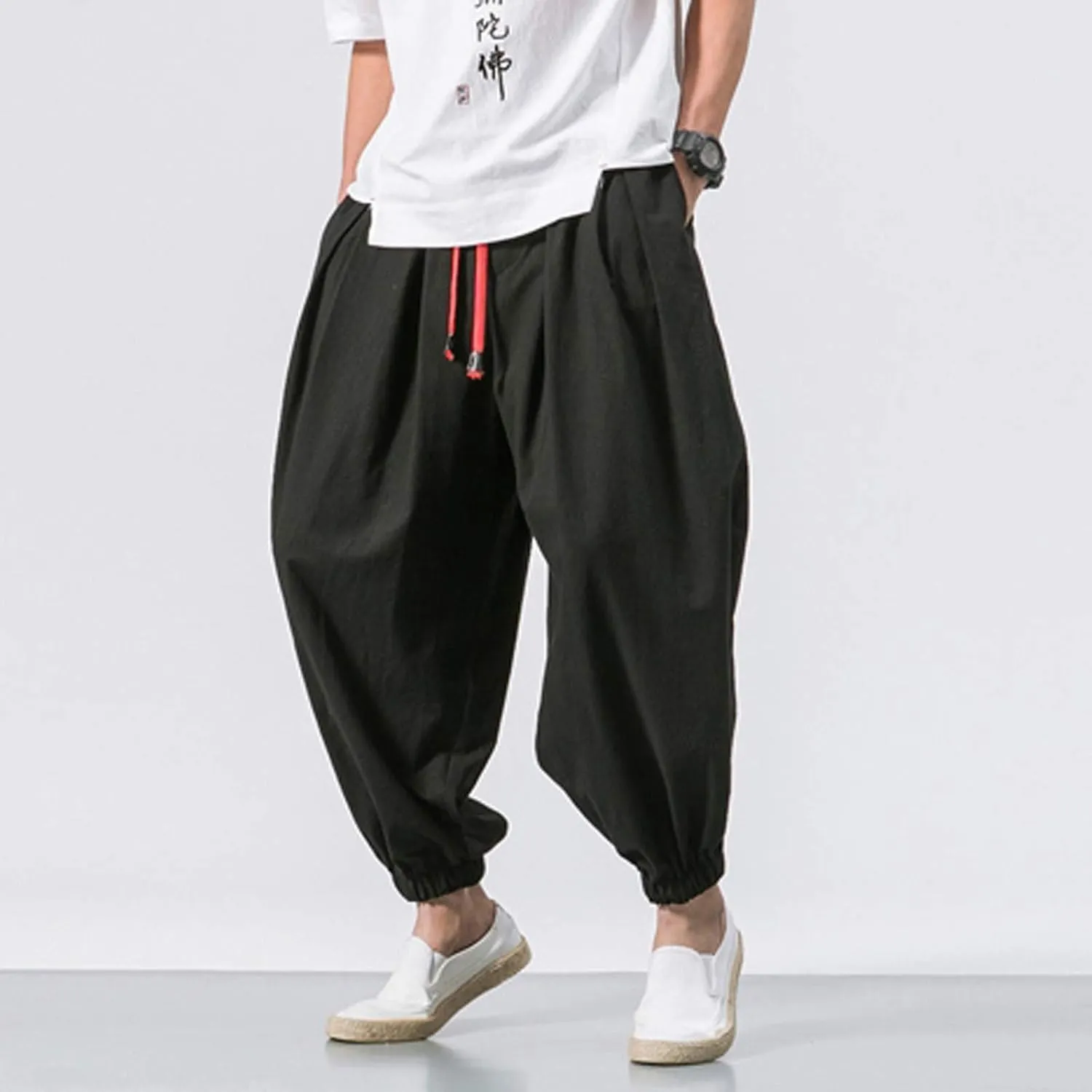 Mens Plus Size Casual Harem Pants Summer Linen Yoga Jogger Pants Elastic Waist Vintage Hippie Drop Crotch Trousers