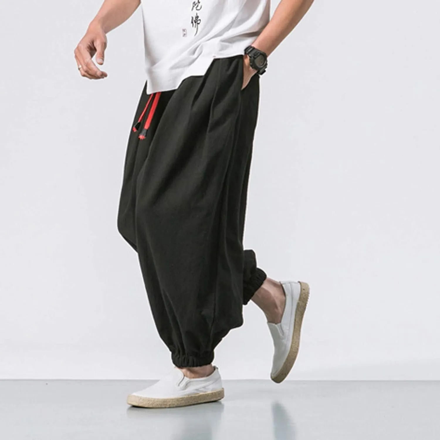 Mens Plus Size Casual Harem Pants Summer Linen Yoga Jogger Pants Elastic Waist Vintage Hippie Drop Crotch Trousers