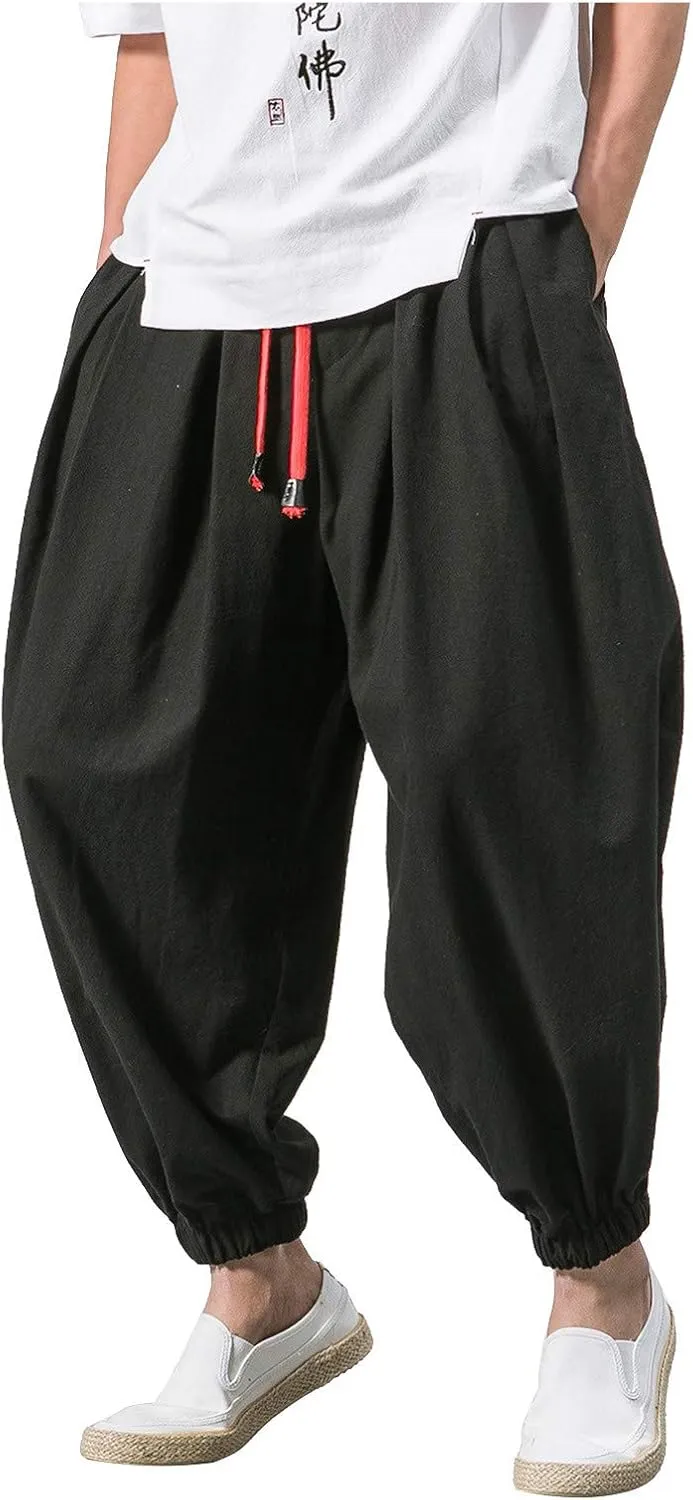 Mens Plus Size Casual Harem Pants Summer Linen Yoga Jogger Pants Elastic Waist Vintage Hippie Drop Crotch Trousers