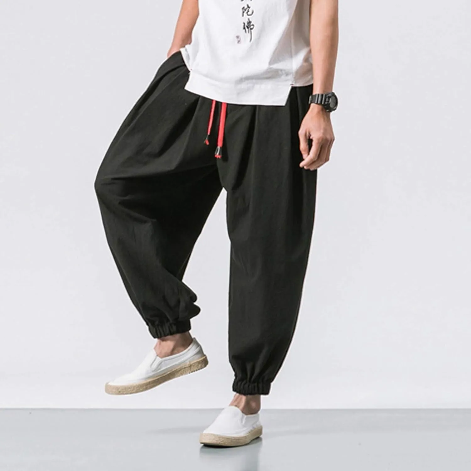 Mens Plus Size Casual Harem Pants Summer Linen Yoga Jogger Pants Elastic Waist Vintage Hippie Drop Crotch Trousers